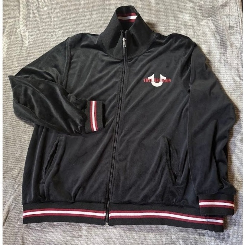 True‎ Religion Mens Black Velour Track Jacket Striped Trim Horseshoe Logo XL
